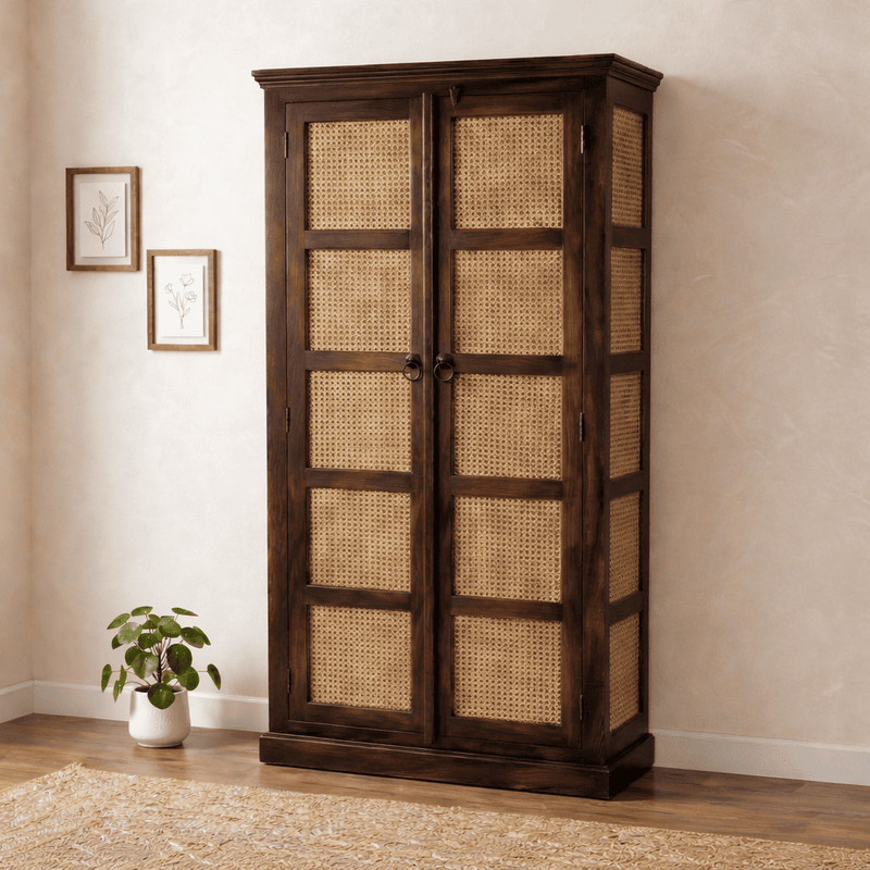 Boho Sheesham Wooden Crockery Cabinet Bookshelf with Door Walnut