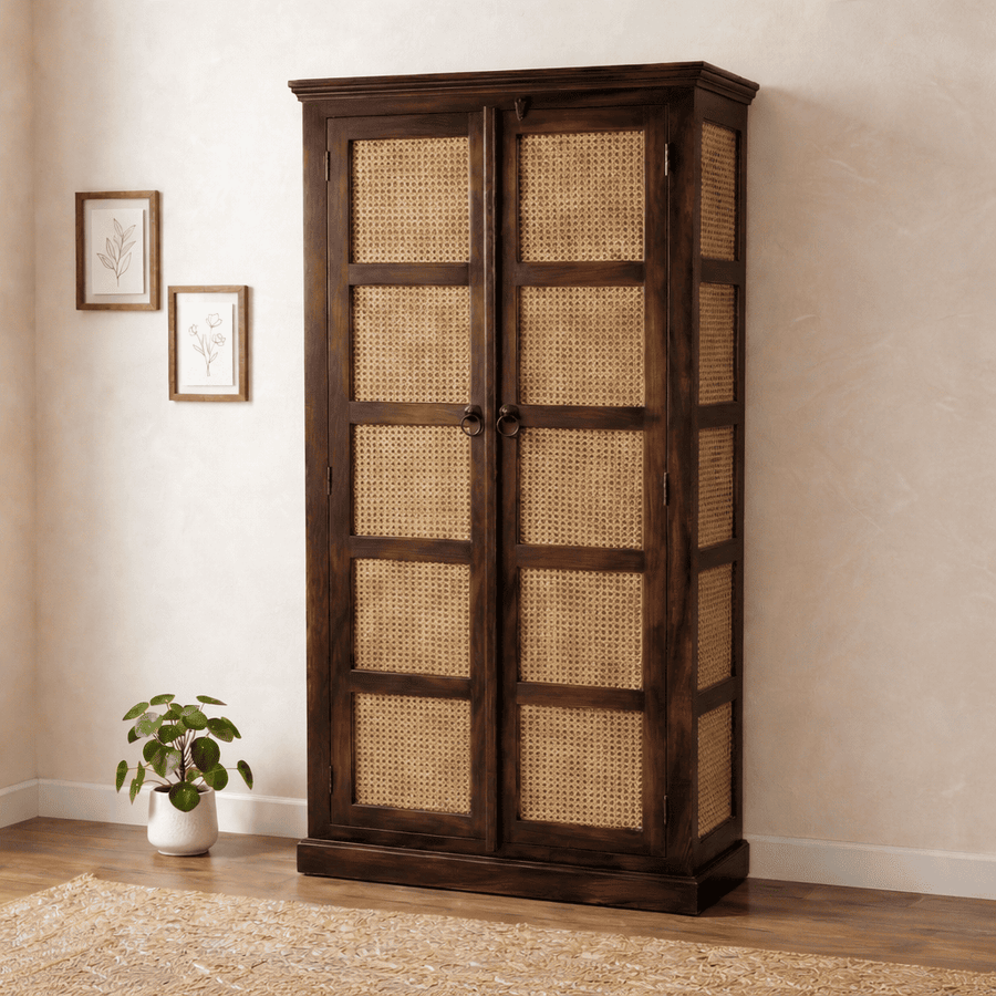 Boho Sheesham Wooden Crockery Cabinet Bookshelf with Door Walnut