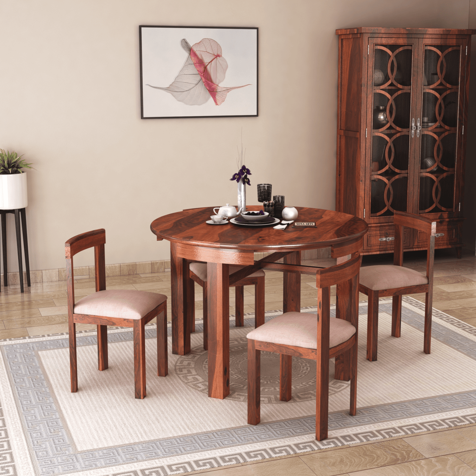 Sheesham Wood Round 4 Seater Dining Set - Honey Finish