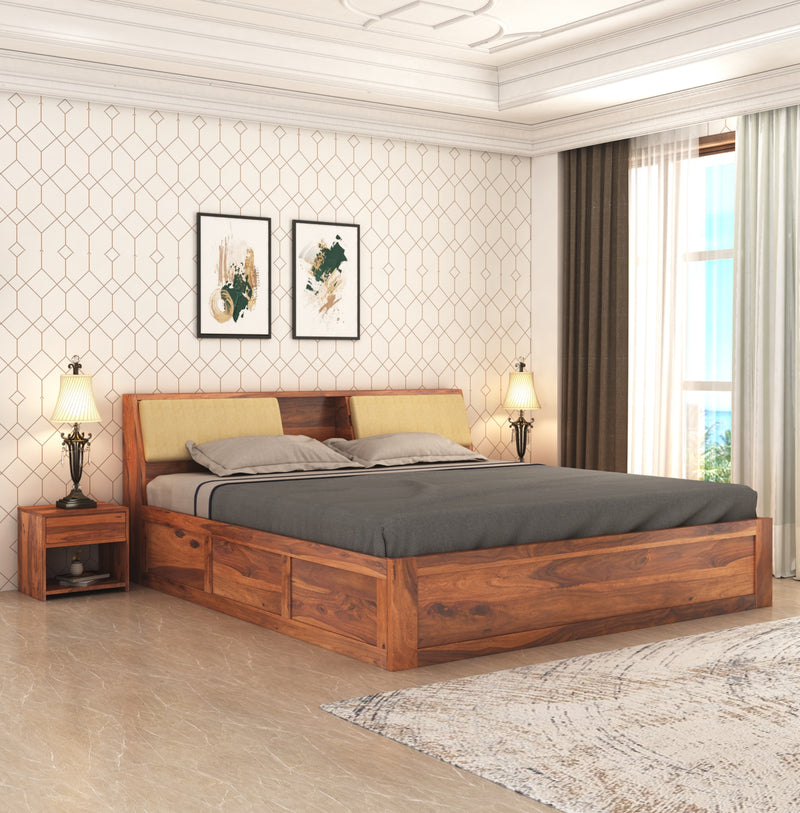 Hades Solid Sheesham Wood King Size Bed with Box Storage | King Size Cot With Head Cushion - Natural Finish