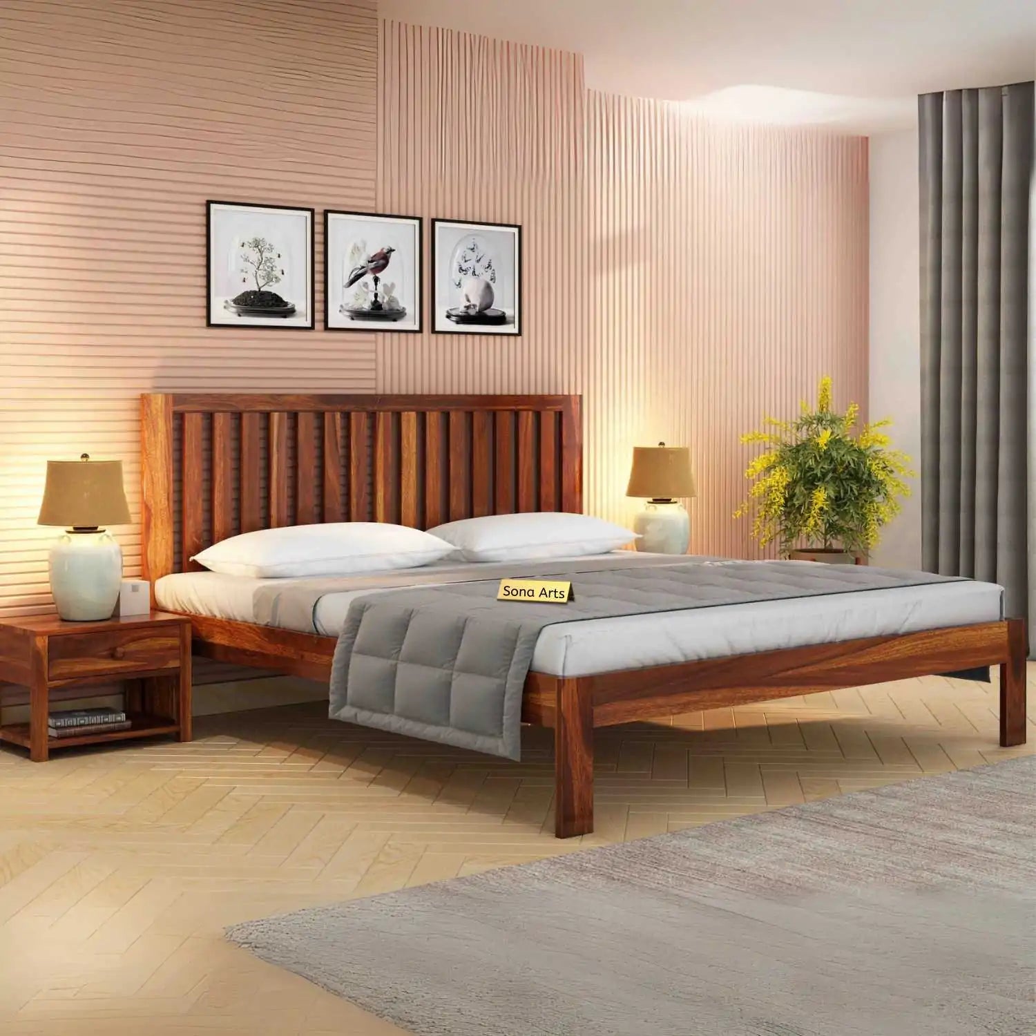 Bars Solid Sheesham Wood Bed Without Storage