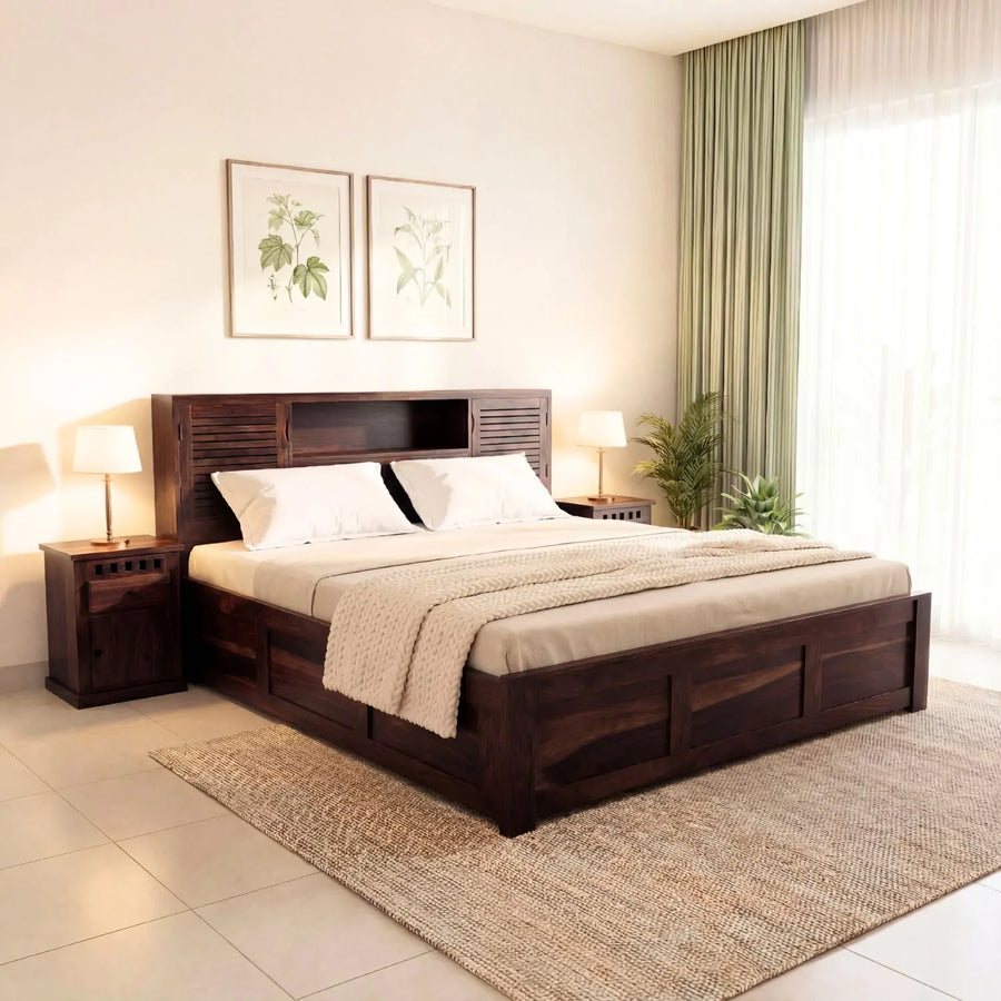 Urban Solid Sheesham Wood King Size Bed with Storage Box  Finish - Walnut