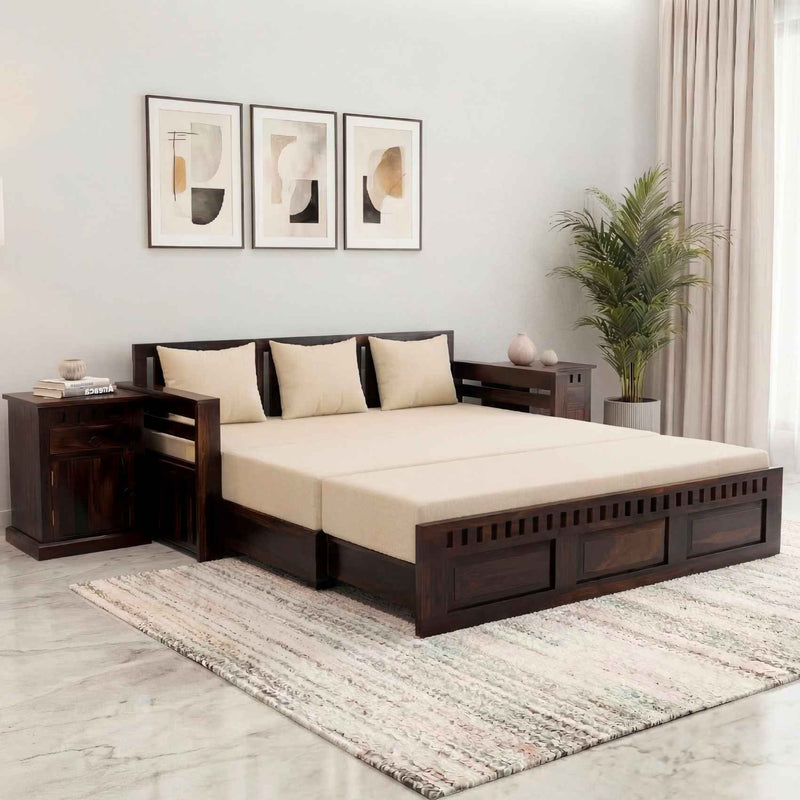 Kuber Wooden Sofa Cum Bed 3 Seater - Walnut