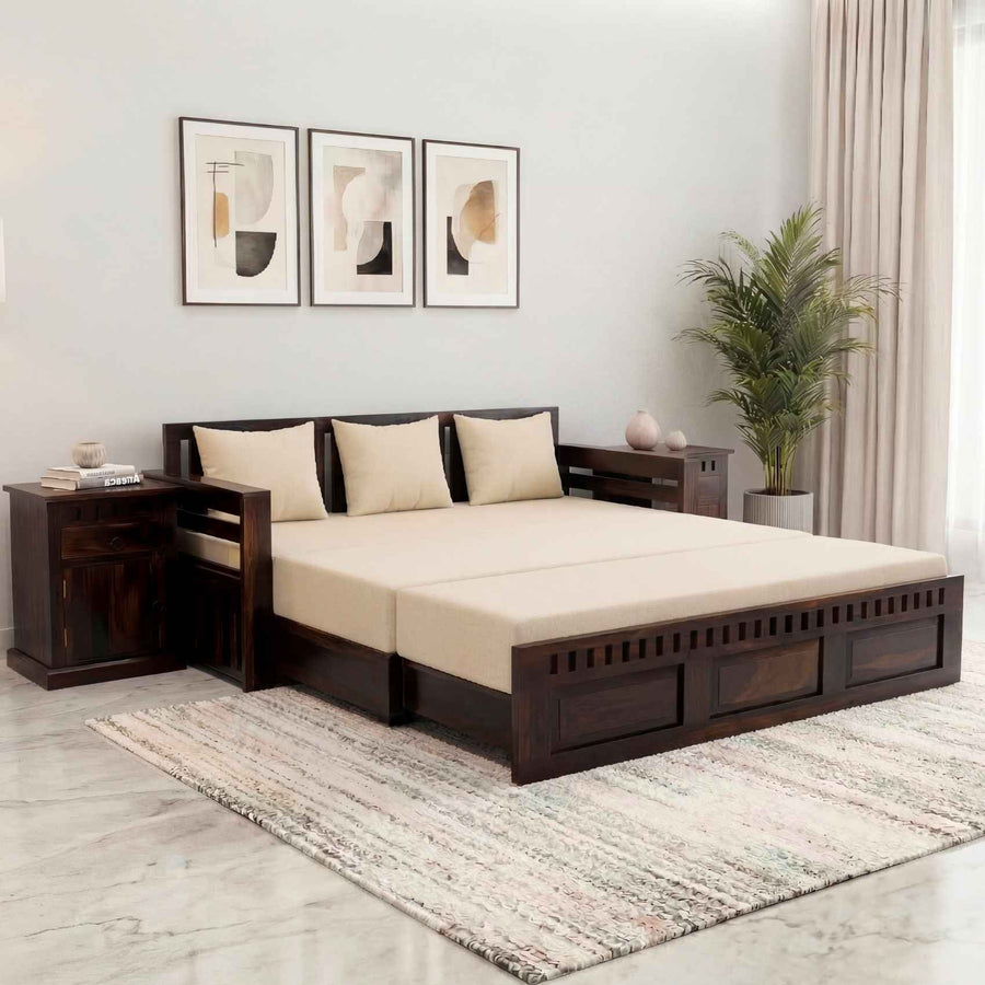 Kuber Wooden Sofa Cum Bed 3 Seater - Walnut