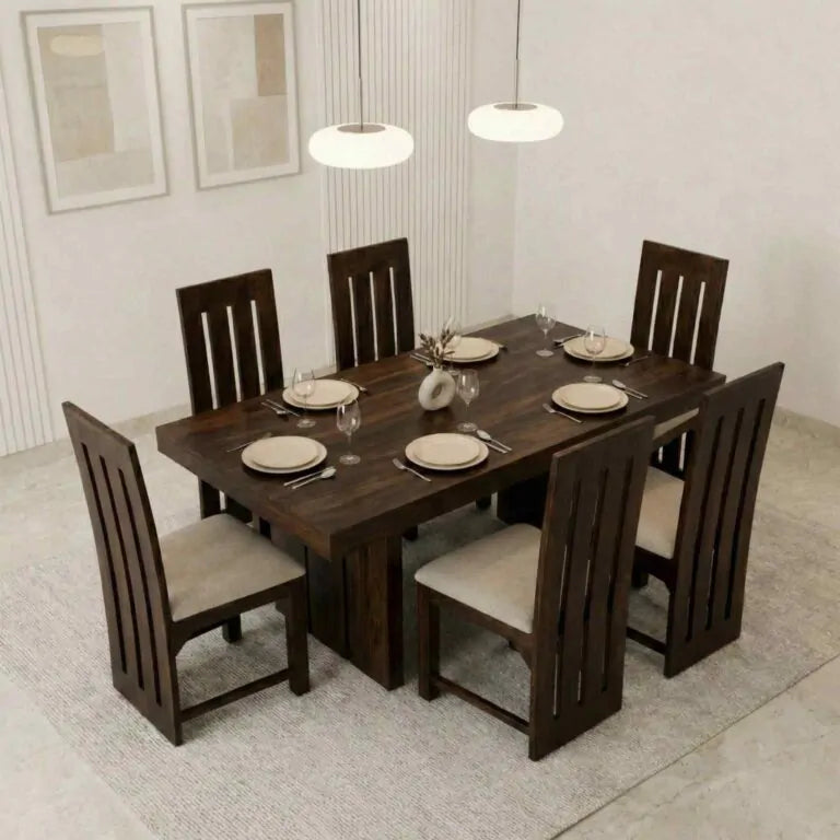 Poster Solid Sheesham Wood 6 Seater Dining Table Set - Walnut