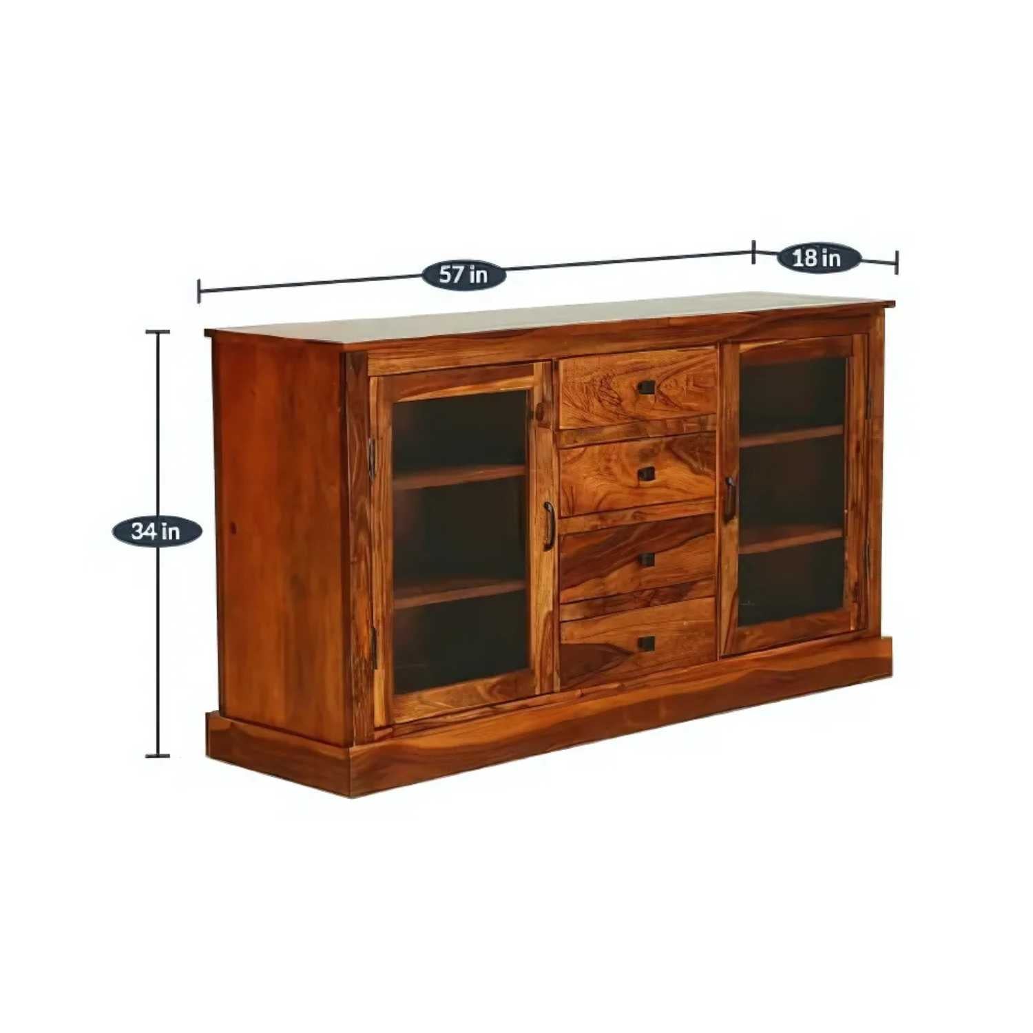 Wooden Glass Sideboard Cabinet Finish - Honey