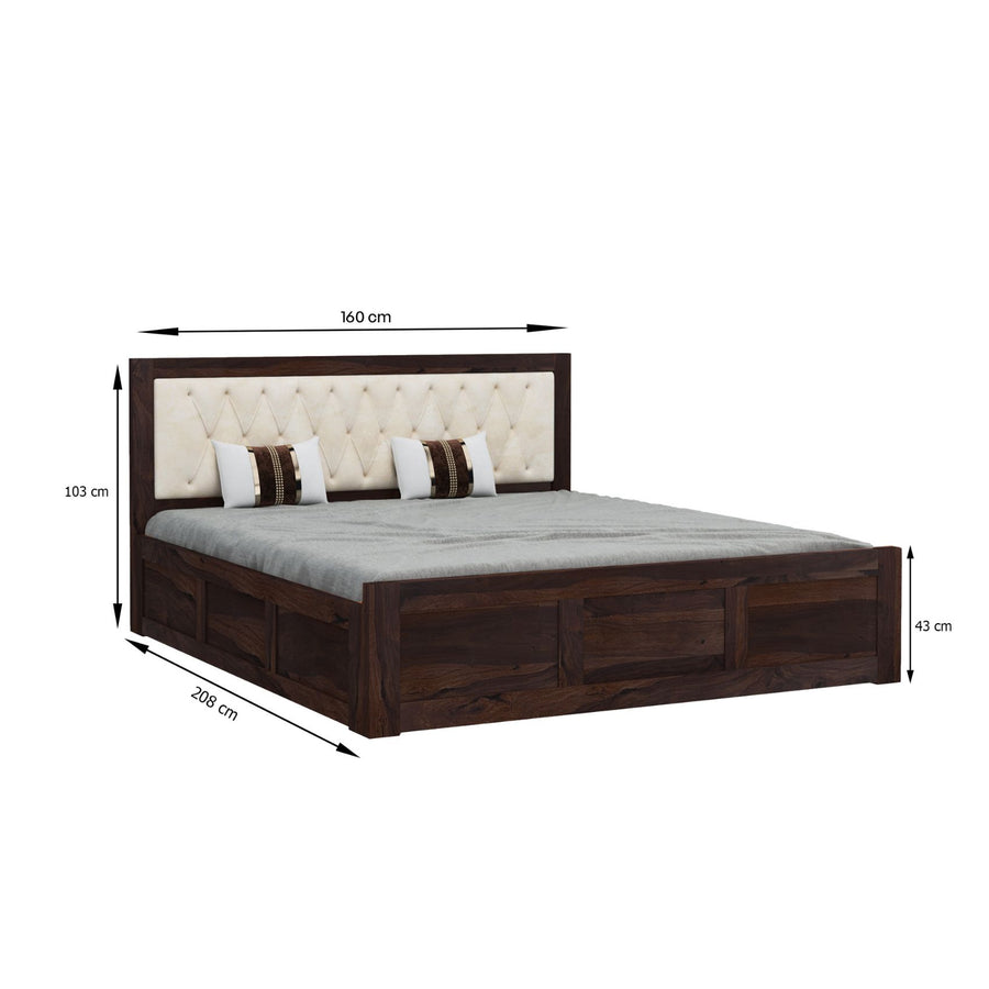 Zeus Solid Sheesham Wood Upholstered Queen Size Bed with Box Storage - Walnut Finish