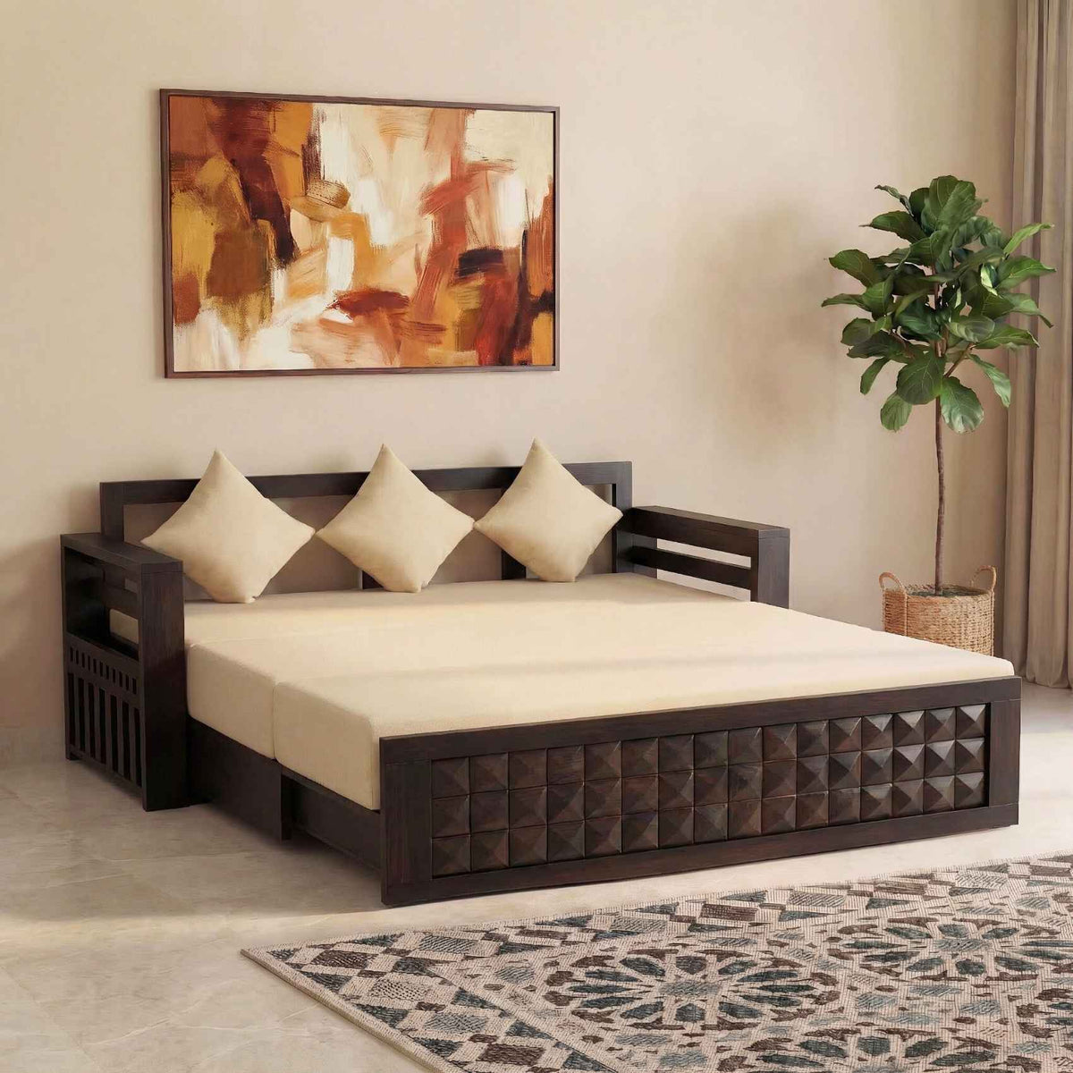Diamond Sheesham Wooden Sofa Cum bed in walnut finish