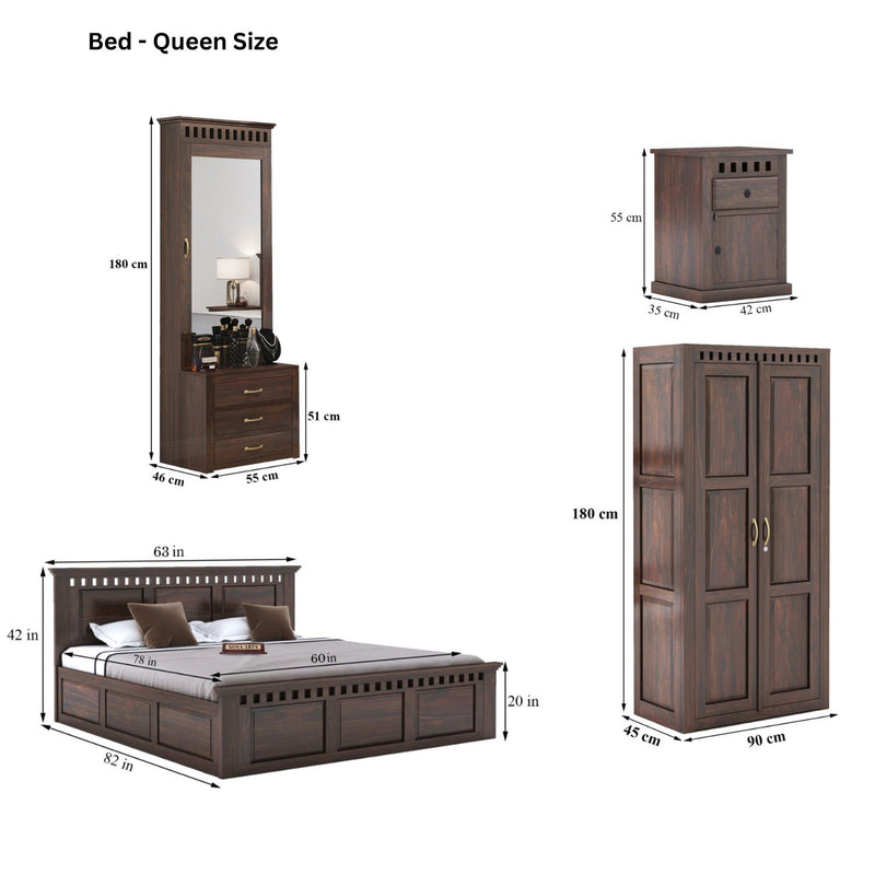 Kuber Queen Size Bed With Box Storage, Wardrobe, Dressing Table & Two Bedside Tables  - Walnut Finish