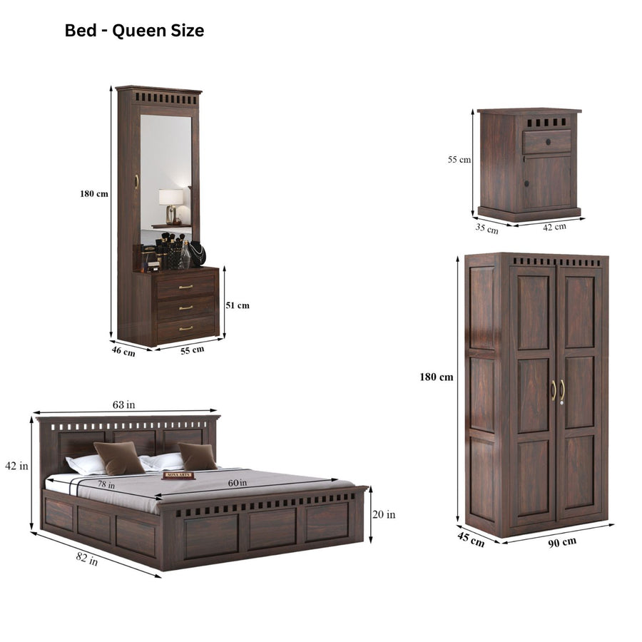 Kuber Queen Size Bed With Box Storage, Wardrobe, Dressing Table & Two Bedside Tables  - Walnut Finish