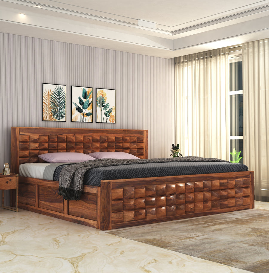 Diamond Solid Sheesham Wood King Size Bed with Box Storage - Natural Finish