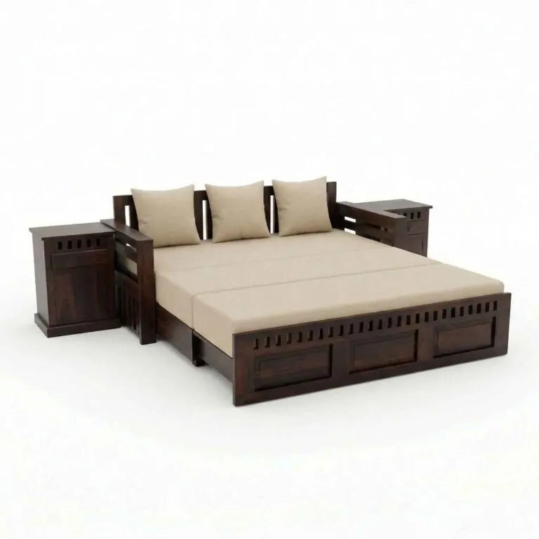 Kuber Wooden Sofa Cum Bed 3 Seater - Walnut