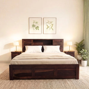 Urban Solid Sheesham Wood King Size Bed with Storage Box  Finish - Walnut