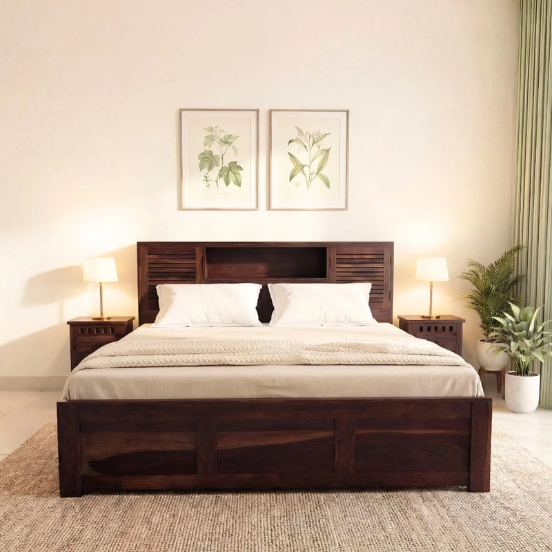 Urban Solid Sheesham Wood King Size Bed with Storage Box  Finish - Walnut