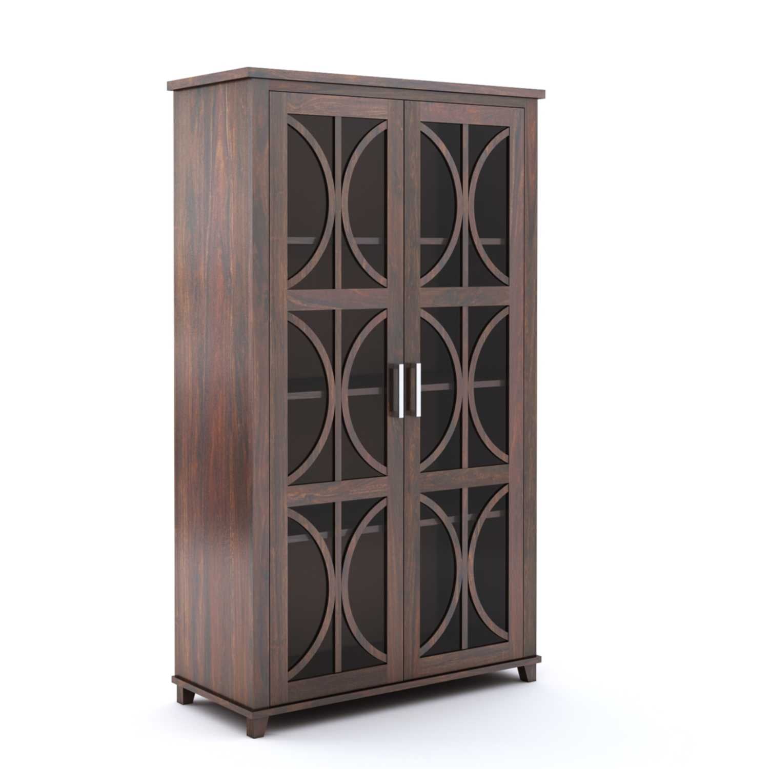 Cross X Bookshelf Cabinet with Glass Door for Kitchen & Living Room - Walnut Finish