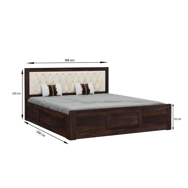 Zeus Solid Sheesham Wood Upholstered Bed King Size with Box Storage - Walnut Finish