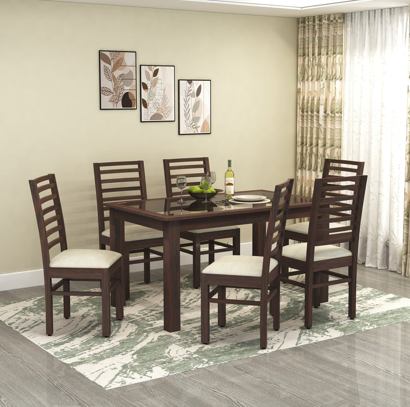 Luxe Solid Sheesham Wood Dining Table 6 Seater Dining Table Set, Glass Top Dinner Table Set - Walnut Finish