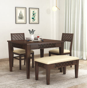 CNC Sheesham Wood 4-Seater Dining Table Set with 2 Chairs & Bench – Walnut Finish, Floral Pattern