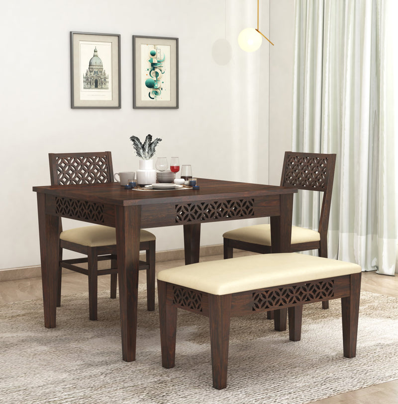 CNC Sheesham Wood 4-Seater Dining Table Set with 2 Chairs & Bench – Walnut Finish, Floral Pattern