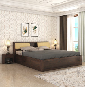Hades Solid Sheesham Wood Queen Size Bed With Box Storage - Walnut Finish