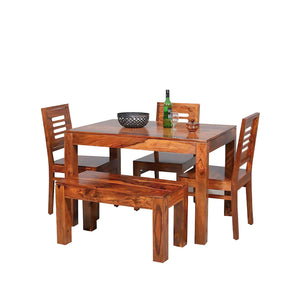 Solid Sheesham Wood Dining Table With 3 Chair & 1 Bench  Finish - Natural