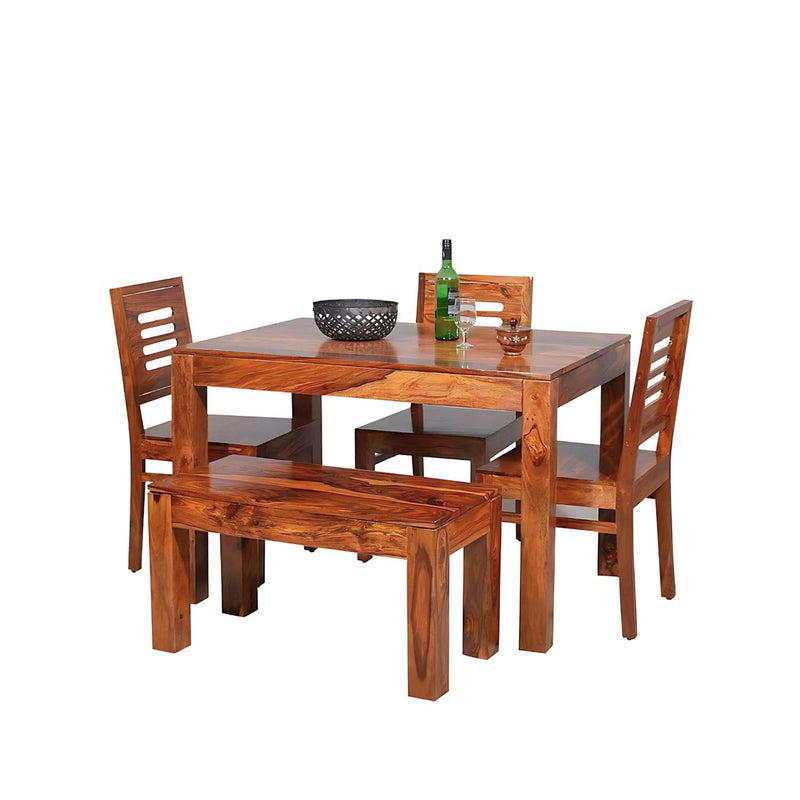 Solid Sheesham Wood Dining Table With 3 Chair & 1 Bench  Finish - Natural