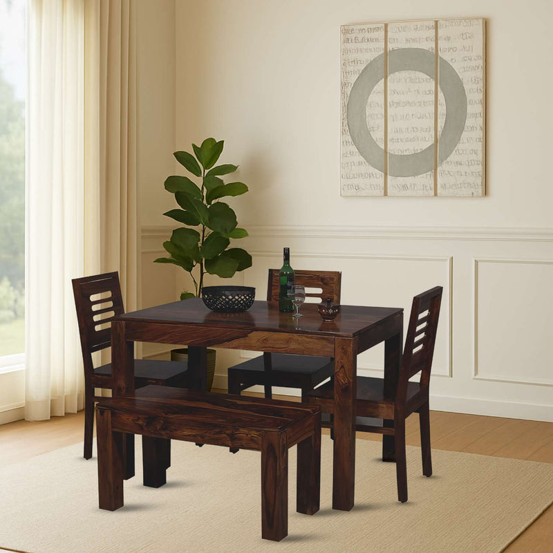 Solid Sheesham Wood Dining Table With 3 Chair & 1 Bench Finish - Walnut