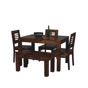 Solid Sheesham Wood Dining Table With 3 Chair & 1 Bench Finish - Walnut