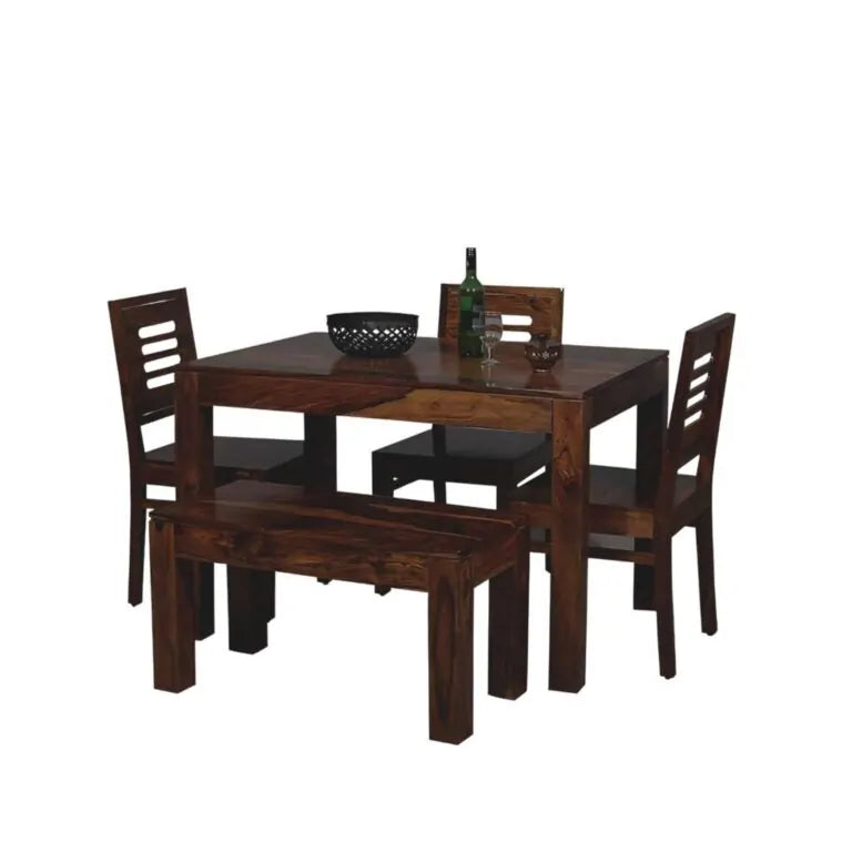 Solid Sheesham Wood Dining Table With 3 Chair & 1 Bench Finish - Walnut