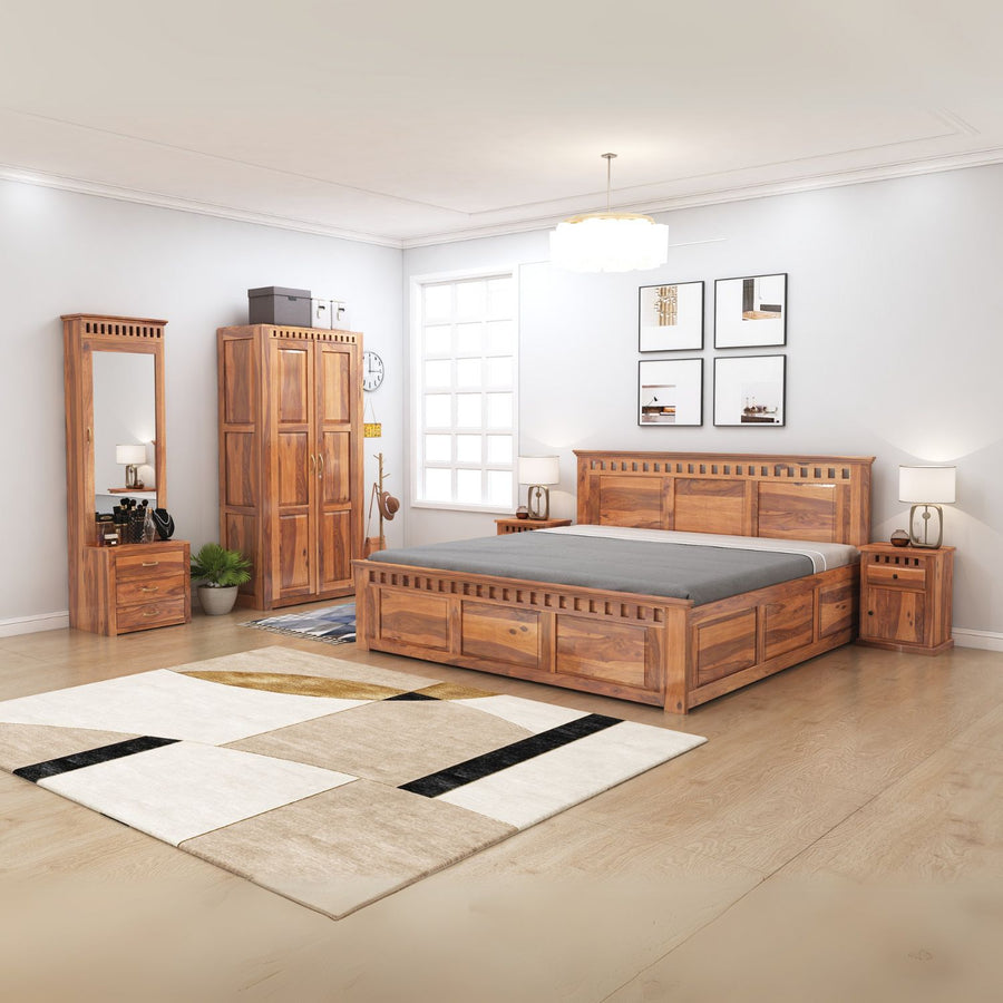 Kuber King Size Bed With Box Storage, Wardrobe, Dressing Table & Two Bedside Tables  - Natural Finish