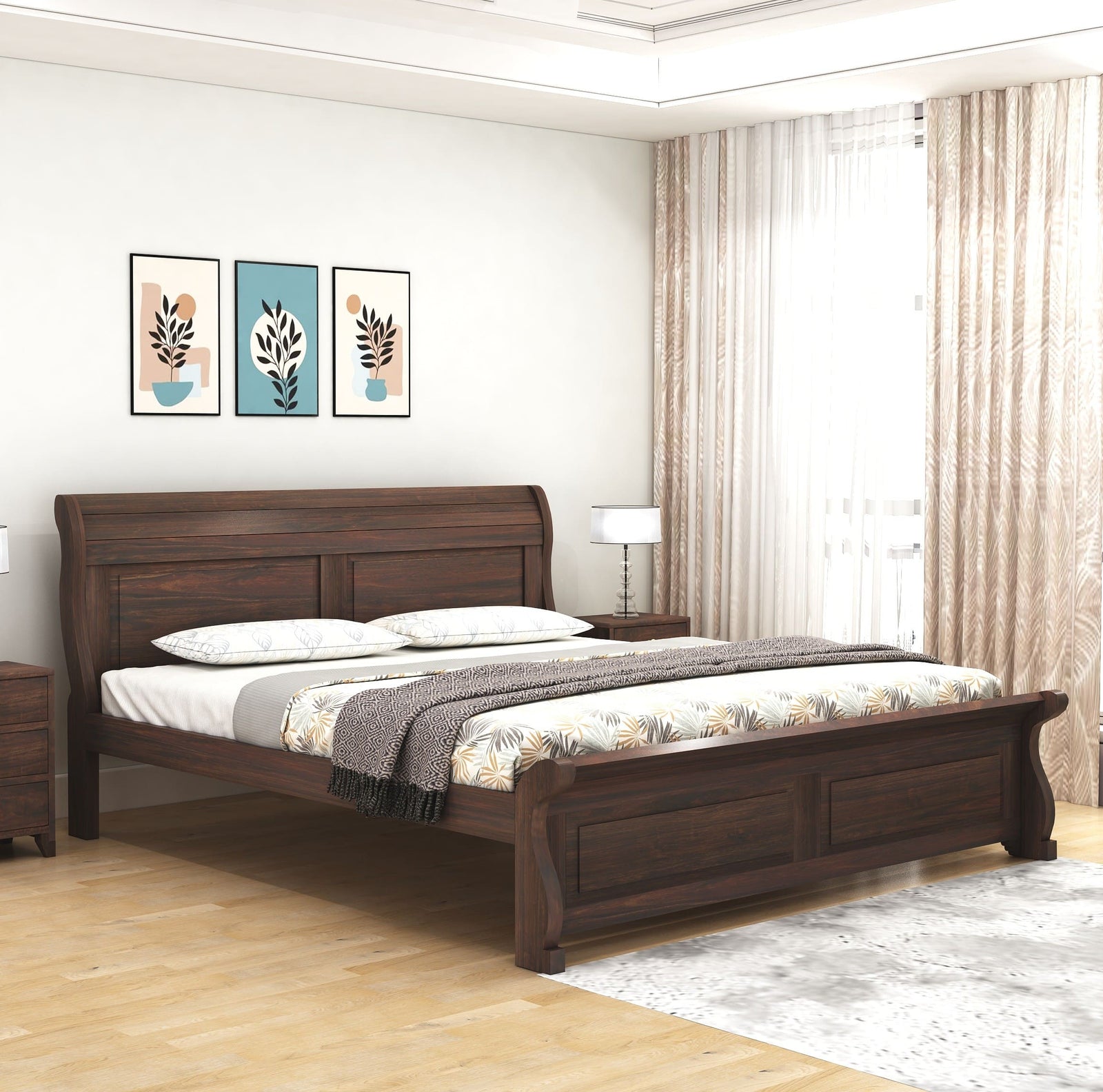Curve Solid Sheesham Wood King Size Bed without Storage - Walnut Finish