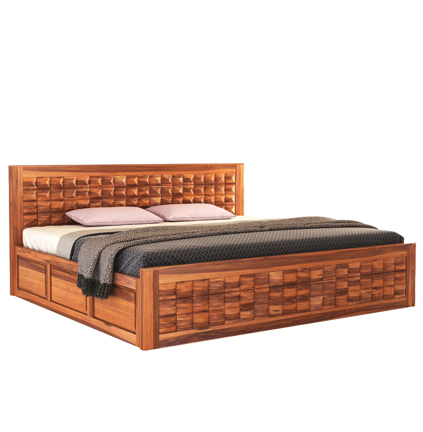 Diamond Solid Sheesham Wood King Size Bed with Box Storage - Natural Finish