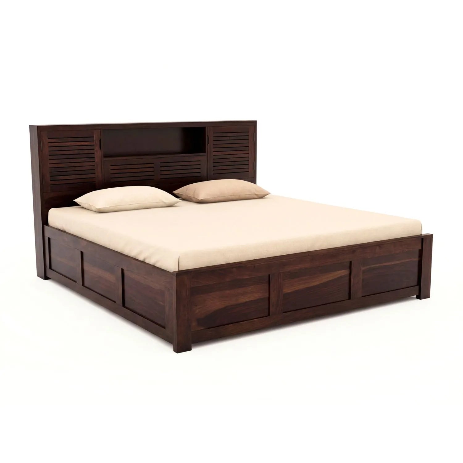 Urban Solid Sheesham Wood King Size Bed with Storage Box  Finish - Walnut