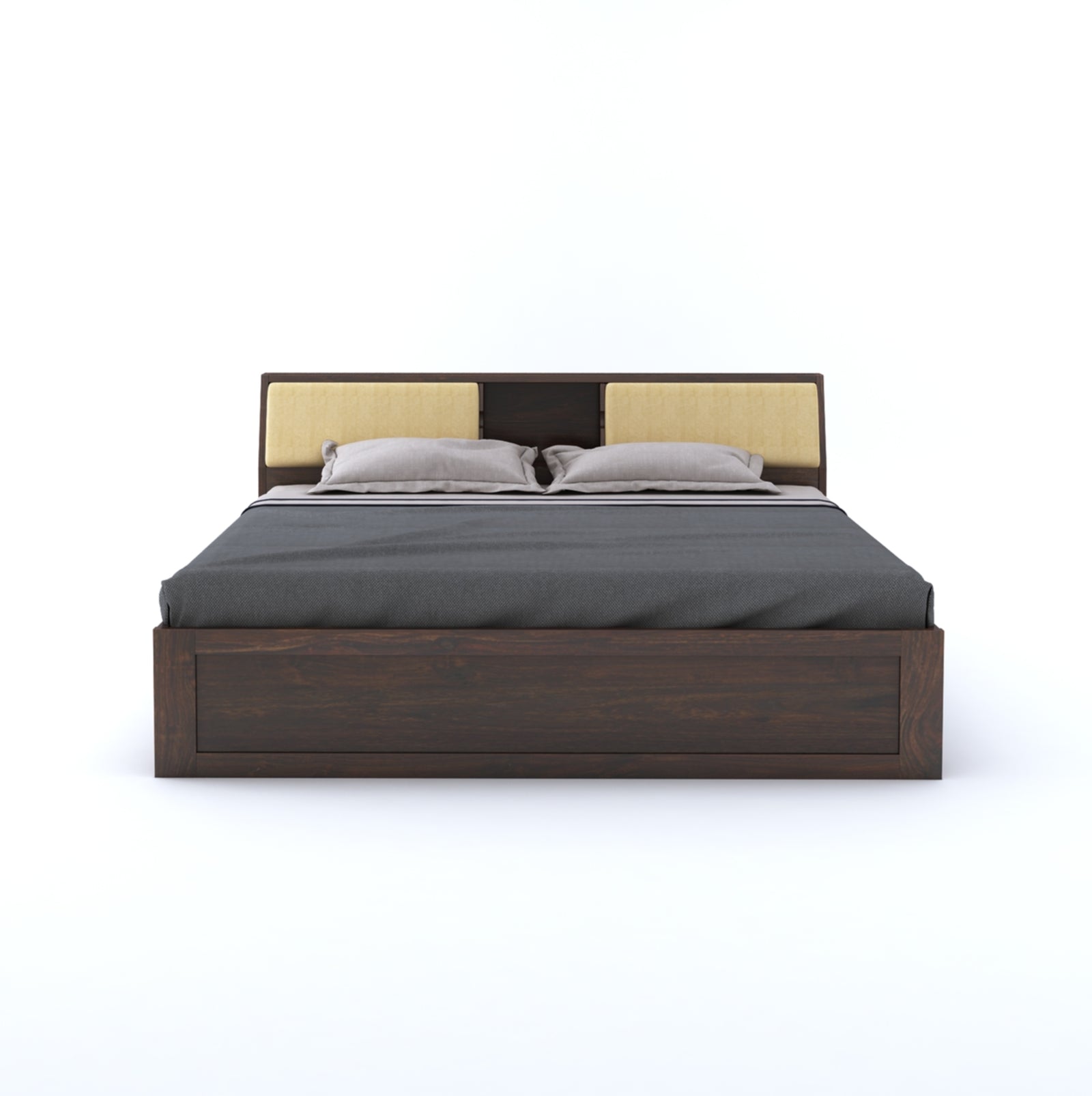 Hades Solid Sheesham Wood King Size Bed with Box Storage | King Size Cot With Head Cushion - Walnut Finish