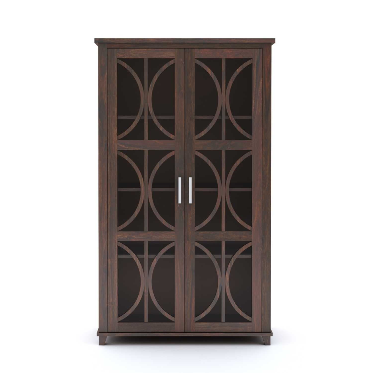 Cross X Bookshelf Cabinet with Glass Door for Kitchen & Living Room - Walnut Finish