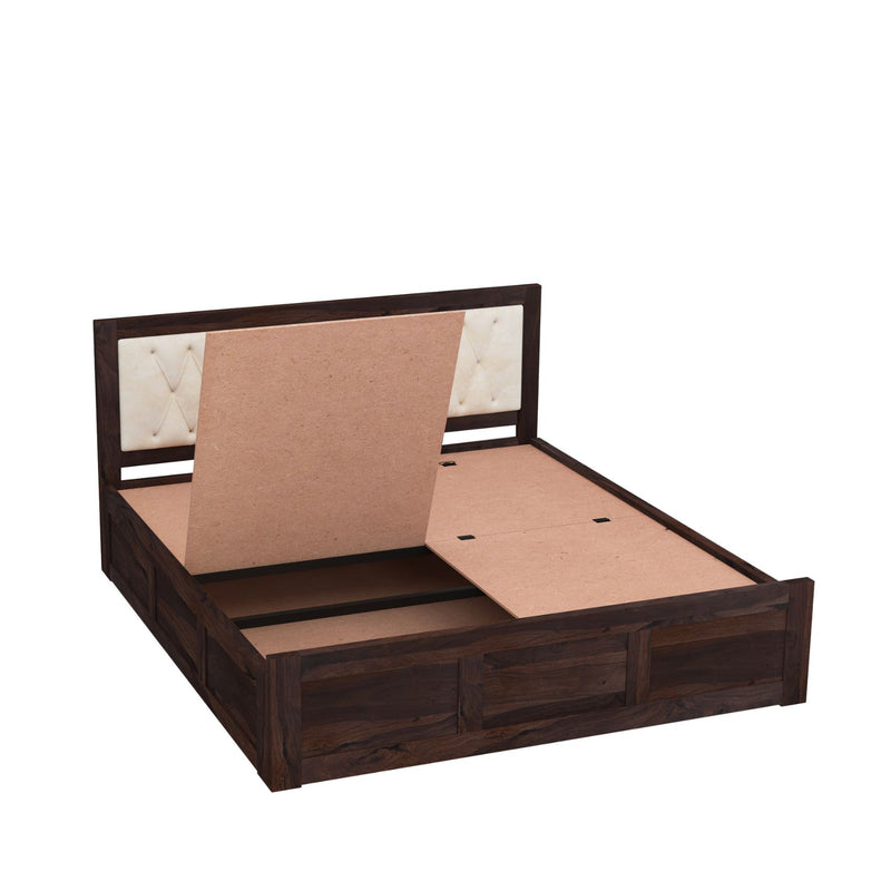 Zeus Solid Sheesham Wood Upholstered Queen Size Bed with Box Storage - Walnut Finish