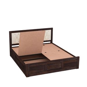 Zeus Solid Sheesham Wood Upholstered Bed King Size with Box Storage - Walnut Finish