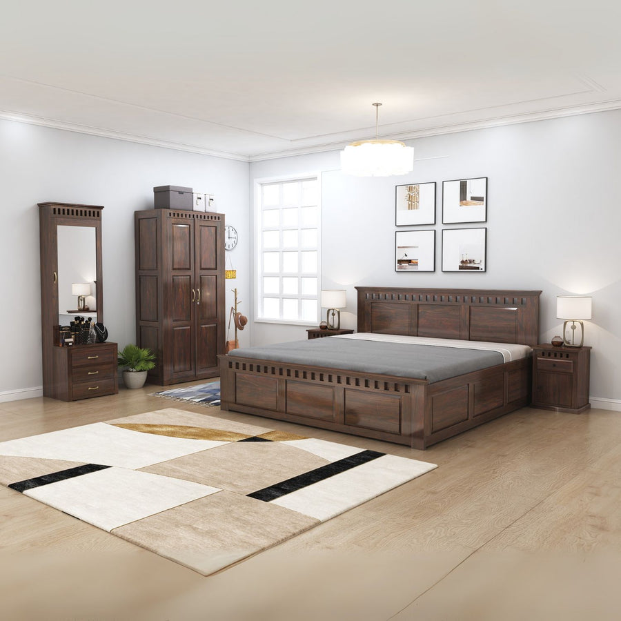 Kuber King Size Bed With Box Storage, Wardrobe, Dressing Table & Two Bedside Tables  - Walnut Finish
