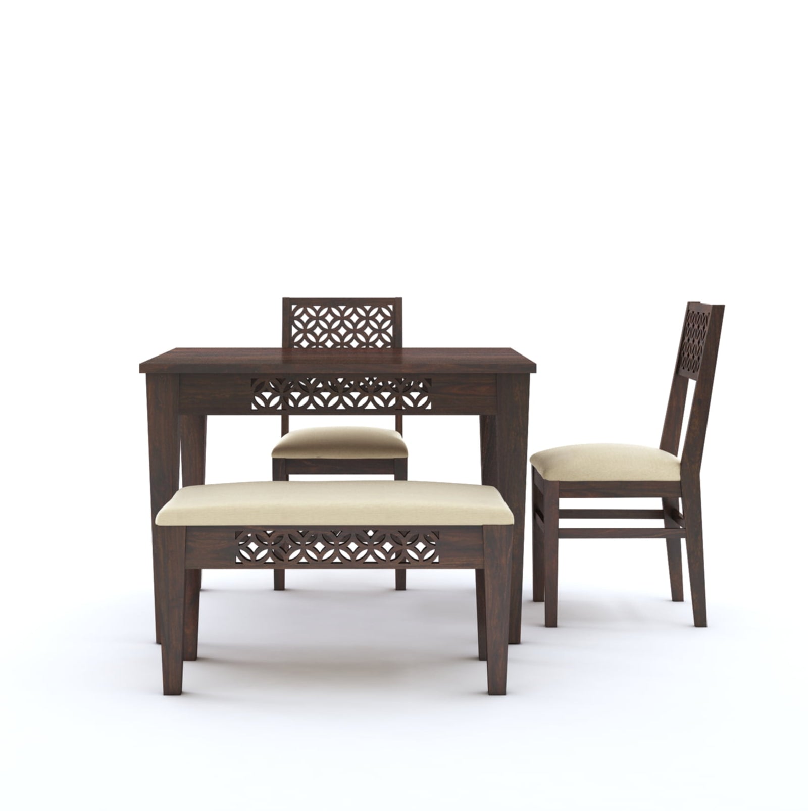 CNC Sheesham Wood 4-Seater Dining Table Set with 2 Chairs & Bench – Walnut Finish, Floral Pattern