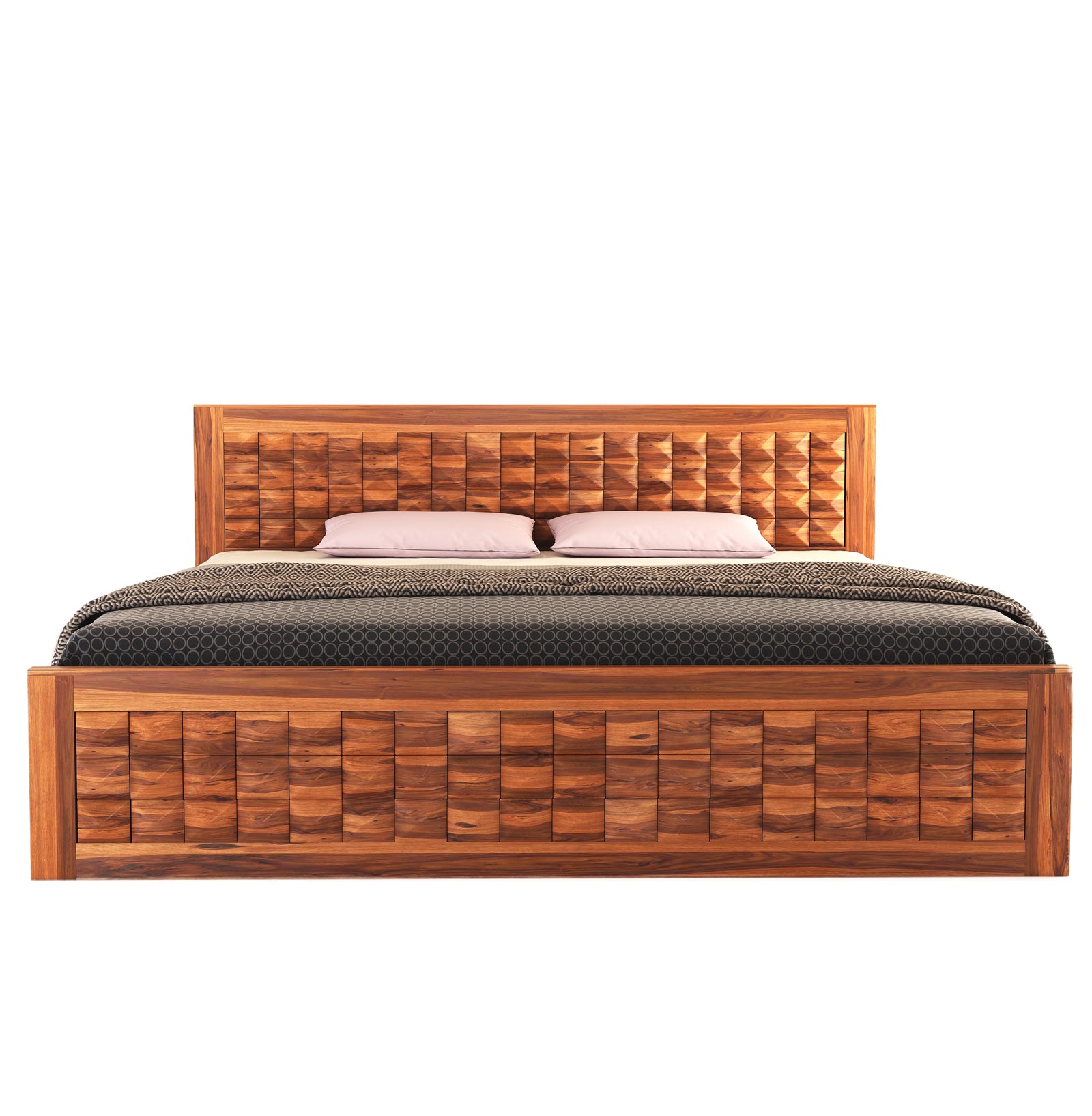 Diamond Solid Sheesham Wood King Size Bed with Box Storage - Natural Finish