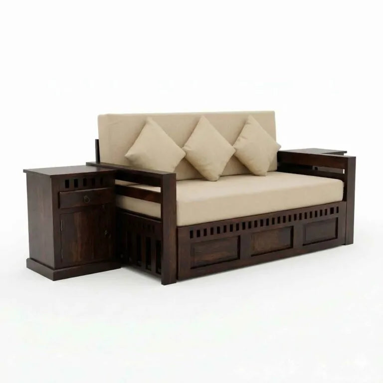 Kuber With Bedside Solid Sheesham Wood Sofa Cum Bed - Walnut Finish
