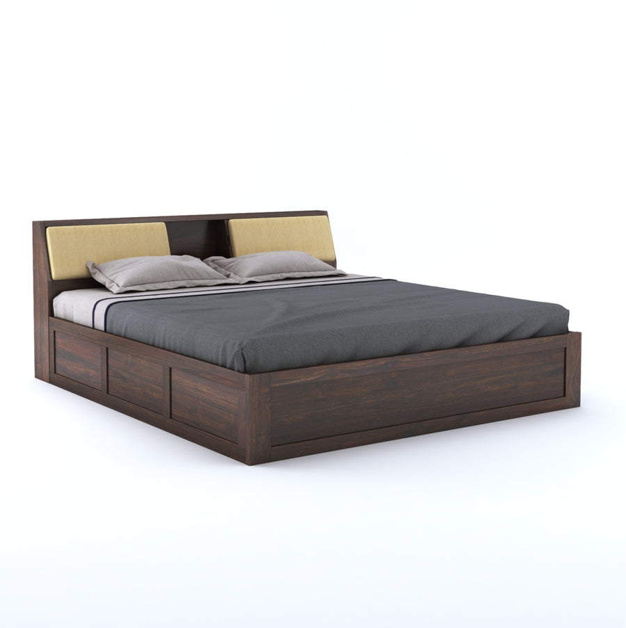 Hades Solid Sheesham Wood King Size Bed with Box Storage | King Size Cot With Head Cushion - Walnut Finish