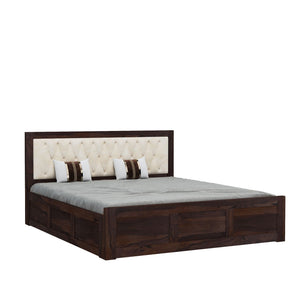 Zeus Solid Sheesham Wood Upholstered Bed King Size with Box Storage - Walnut Finish
