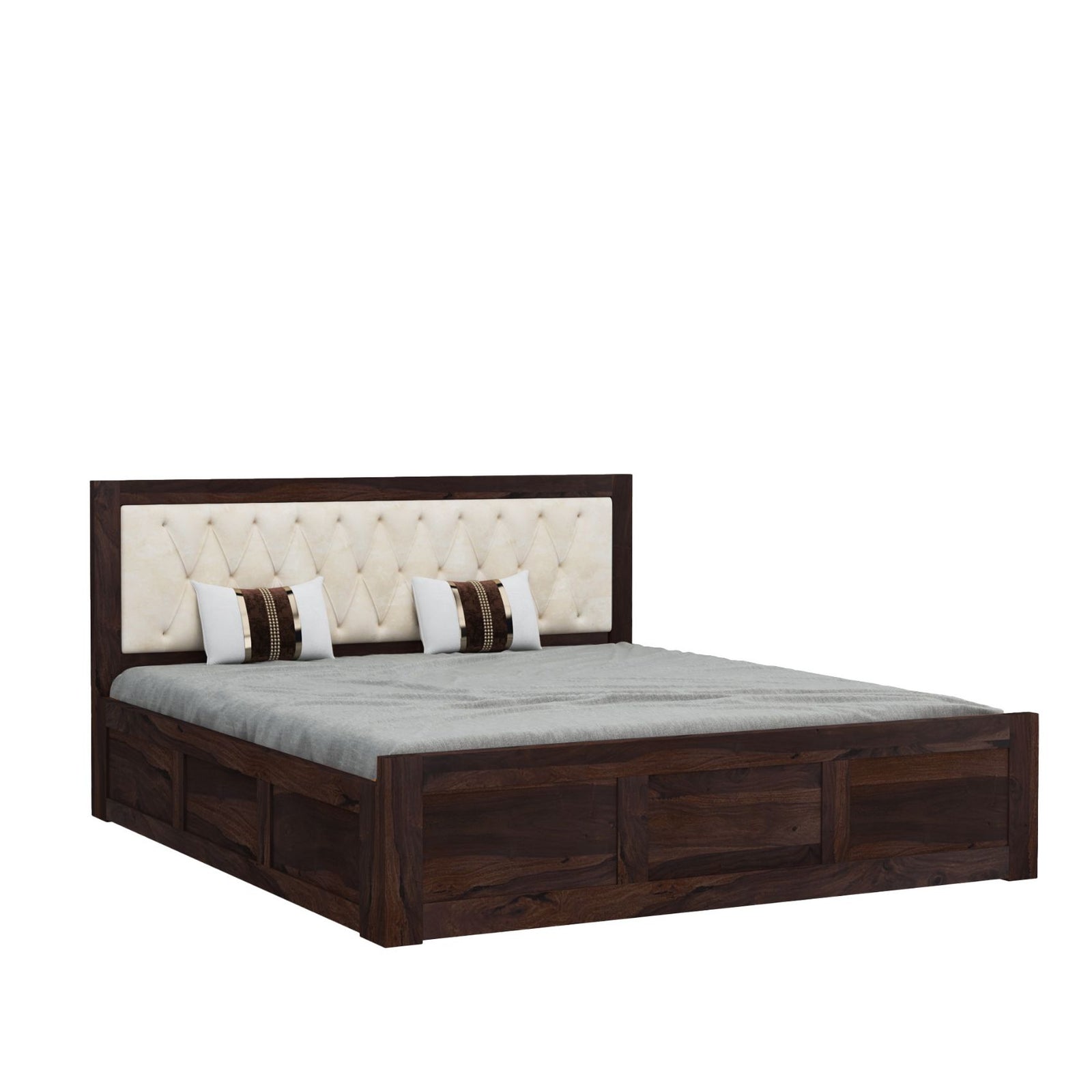 Zeus Solid Sheesham Wood Upholstered Queen Size Bed with Box Storage - Walnut Finish