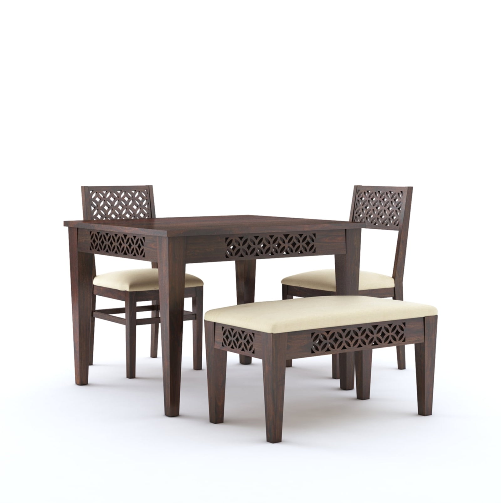 CNC Sheesham Wood 4-Seater Dining Table Set with 2 Chairs & Bench – Walnut Finish, Floral Pattern