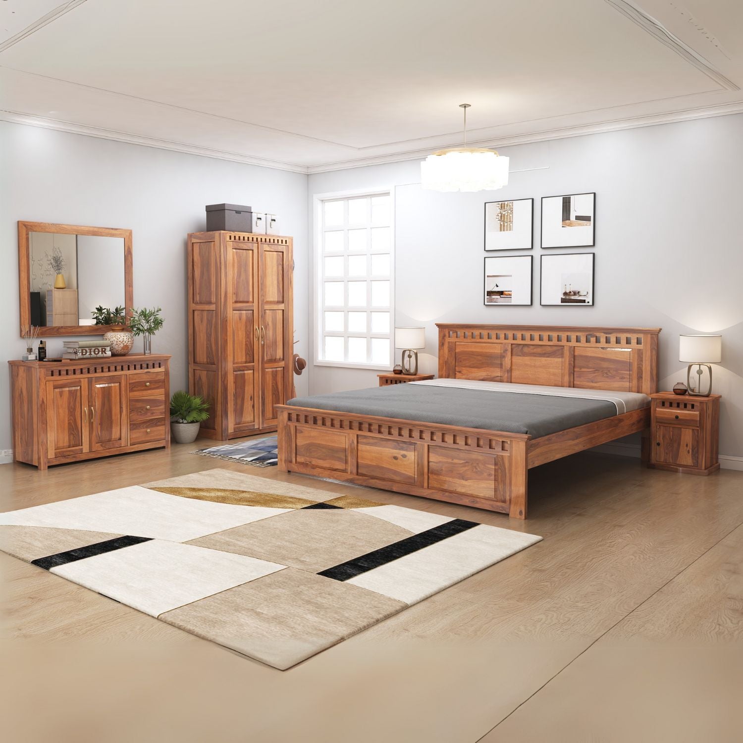 Kuber Queen Size Bed without Storage, Wardrobe, Chest of Drawer & Two Bedside Tables - Natural Finish