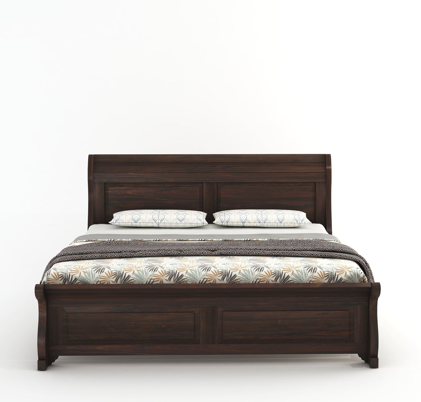 Curve Solid Sheesham Wood King Size Bed without Storage - Walnut Finish