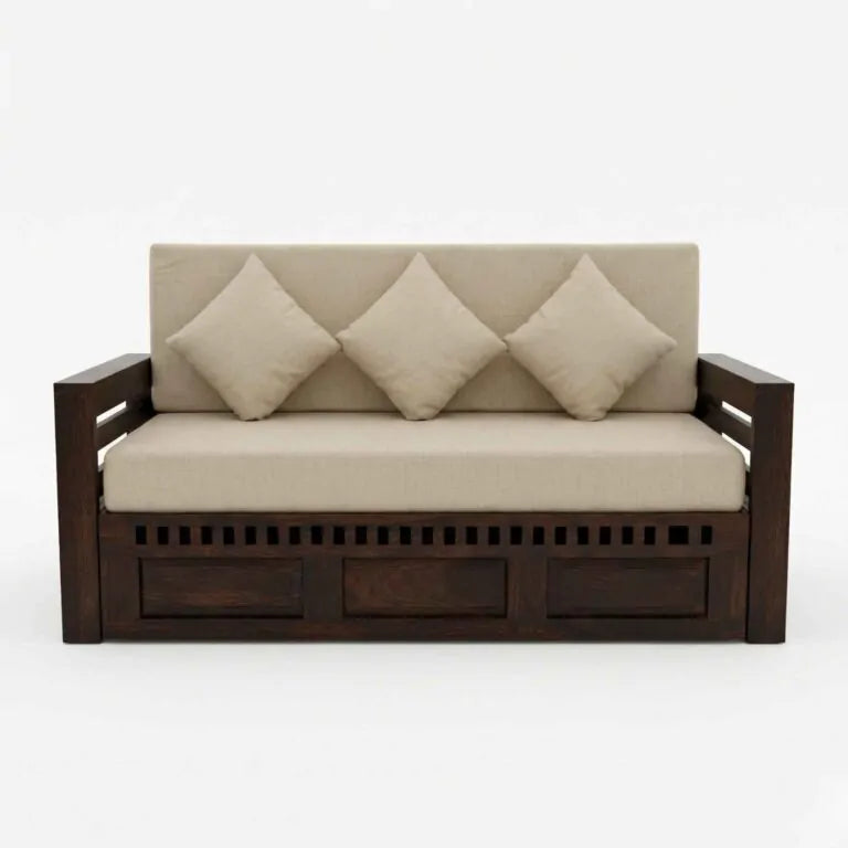 Kuber Wooden Sofa Cum Bed 3 Seater - Walnut