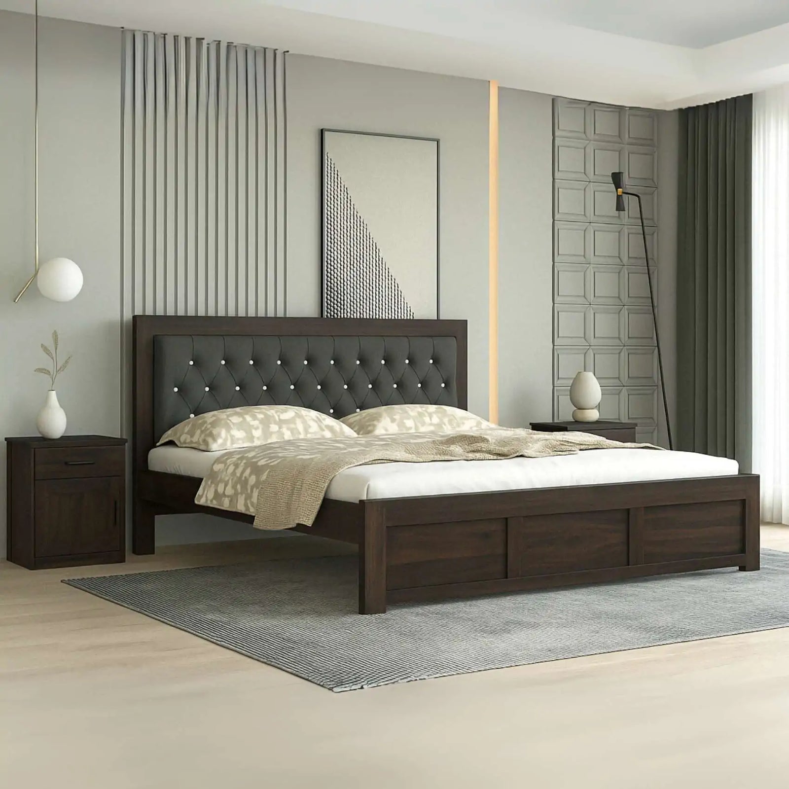 Zeus King Size Wooden Upholstered Bed Without Storage Finish - Walnut