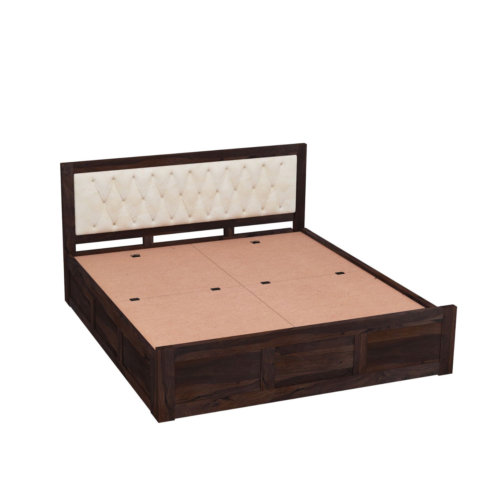 Zeus Solid Sheesham Wood Upholstered Queen Size Bed with Box Storage - Walnut Finish